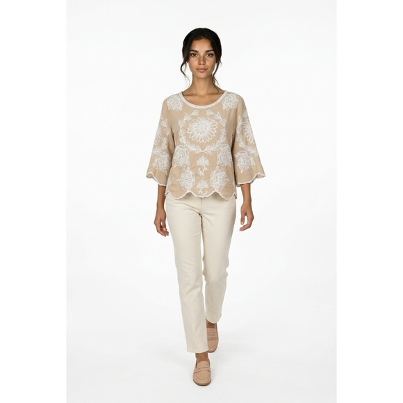 Solitaire Tops - Woman's Tan Embroidered Scalloped Hem Boho Top Lg Whimsical Prairie Cottagecore